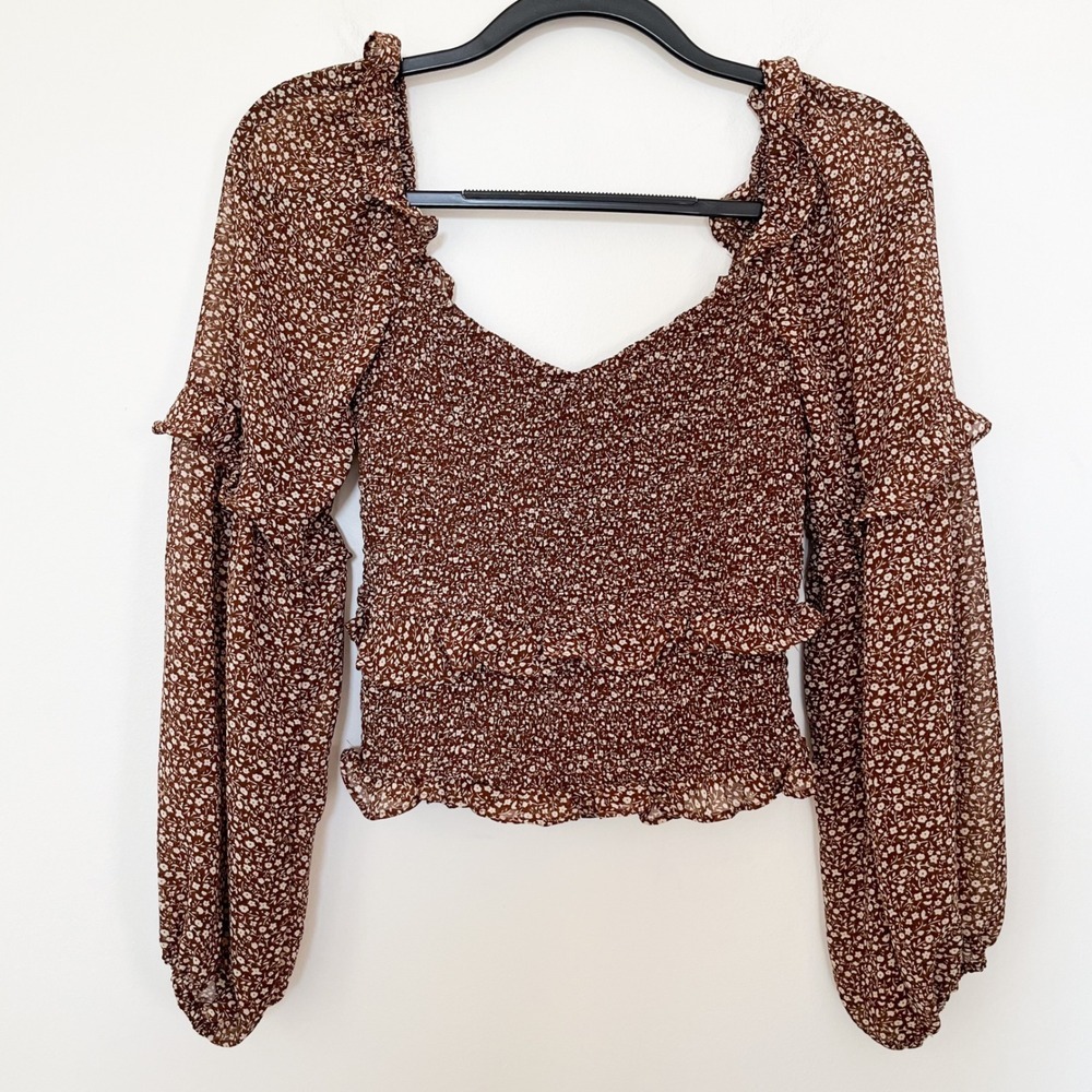ASTR the Label Brown Floral Long Balloon Sleeve Smocked Top XS